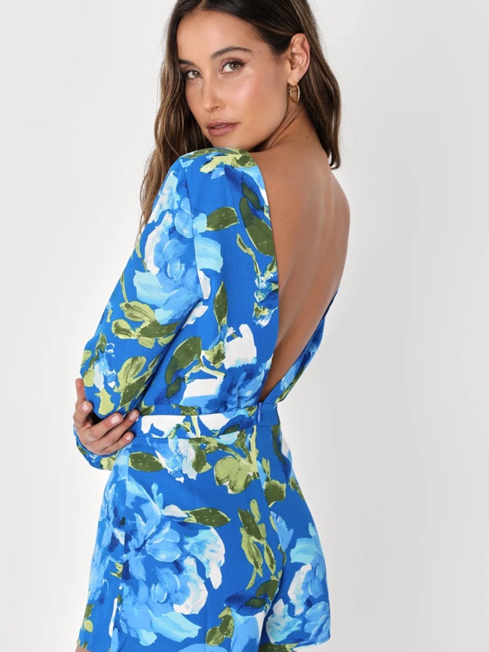 Lulu's Blue Floral Long-Sleeve Romper with Green Accents - Picture 2 of 6